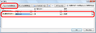 「レベルの追加」をクリックし、「次に優先されるキー」「並べ替えのキー」「順序」ボックスから任意の項目をクリックします
