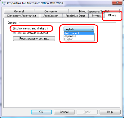 「Others」タブをクリックし、「Display menus and dialogs in:」ボックスから「Auto-select」をクリックします