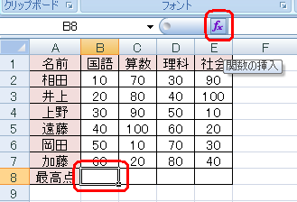 最大値を表示したいセルの場所をクリックし、「関数の挿入」アイコンをクリックします