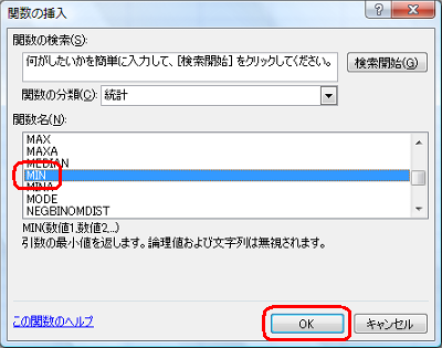 「関数名」ボックスから「MIN」をクリックし、「OK」をクリックします