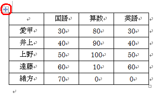 表にマウスポインタを合わせて、左上に表示されるハンドルをクリックします