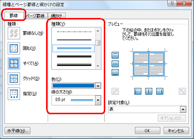 「罫線」タブをクリックし、「種類」「色」「線の太さ」ボックスから、外枠の罫線に設定したい種類や色をクリックします