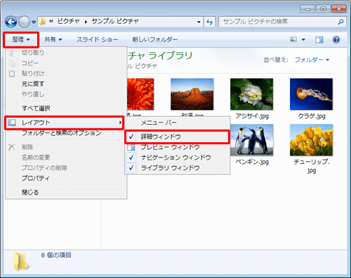 詳細ウィンドウが表示されている状態で、「詳細ウィンドウ」をクリックすると非表示に切り替えることができます