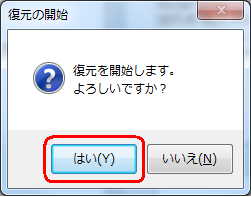 「復元を開始します。よろしいですか？」というメッセージが表示されたら、「はい」をクリックします