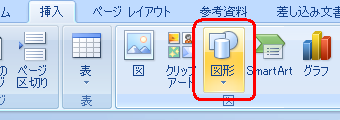 リボンから「挿入」タブをクリックし、「図」グループの「図形」をクリックします