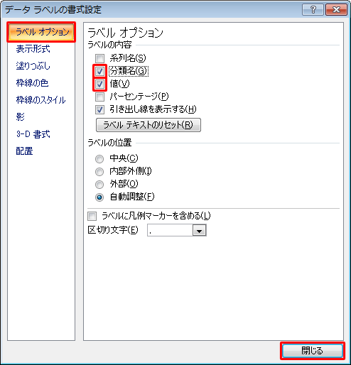 画面左側から「ラベルオプション」をクリックし、「ラベルの内容」欄から表示したい項目にチェックを入れ、「閉じる」をクリックします