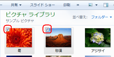ファイルやフォルダーにマウスポインターを合わせると、チェックボックスが表示されるので、目的のファイルやフォルダーにチェックを入れて選択します