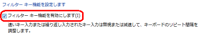 フィルターキー機能のセットアップ画面が表示されるので、「フィルターキー機能を有効にします」にチェックを入れます