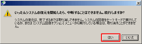 「いったんシステムの復元を開始…」が表示されたら、「はい」をクリックします