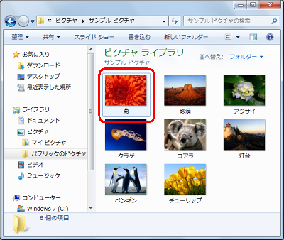 「サンプルピクチャ」から「菊」ファイルをクリックします