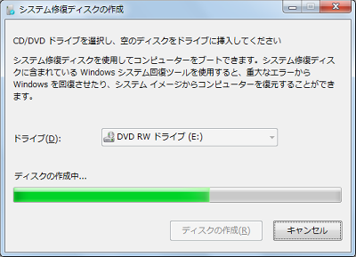 システム修復ディスクの作成が始まるので、しばらく待ちます