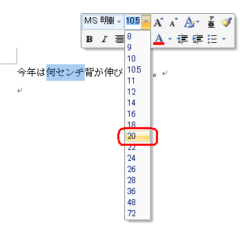 表示された一覧から任意のサイズをクリックします