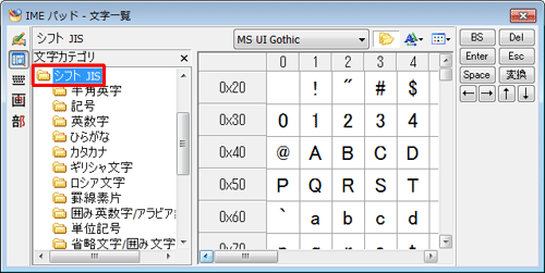 「文字カテゴリ」ボックスから、「シフトJIS」をダブルクリックします
