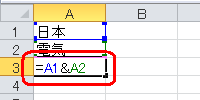 結合先の「A3」セルをクリックし、キーボードから半角文字で「=A1&A2」と入力します