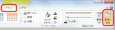 リボンから「デザイン」タブをクリックし、「罫線の作成」グループの「罫線の削除」をクリックします