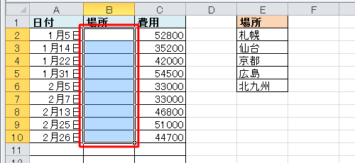 ドロップダウンリストを設定したいセルをドラッグして選択します