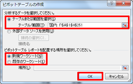 「テーブル/範囲」ボックスにピボットテーブルの元になる表の範囲が表示されていることと、「新規ワークシート」が選択されていることを確認し、「OK」をクリックします