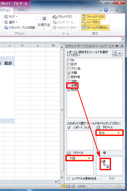 「レポートに追加するフィールドを選択してください」ボックスから、集計したい項目を「列ラベル」「行ラベル」「値」ボックスにドラッグ&ドロップします