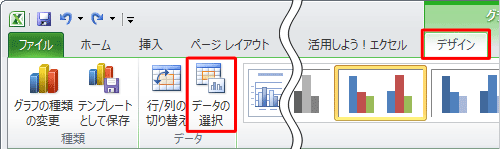 リボンから「デザイン」タブをクリックし、「データ」グループの「データの選択」をクリックします