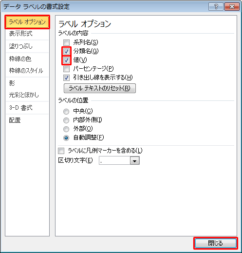 画面左側から「ラベルオプション」をクリックし、「ラベルの内容」欄から表示したい項目にチェックを入れ、「閉じる」をクリックします