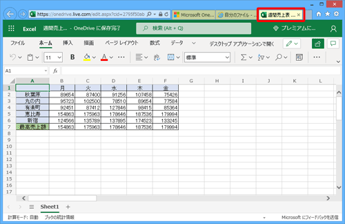 新しいタブででExcel Onlineが起動して、ファイルが表示されます