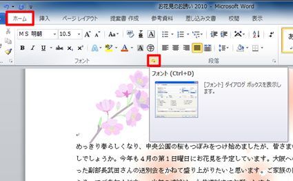 リボンから「ホーム」タブをクリックし、「フォント」グループの右下にある「オプション」アイコンをクリックします