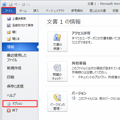 リボンから「ファイル」タブをクリックし、「オプション」をクリックします