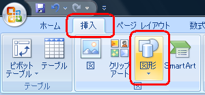 リボンから「挿入」タブをクリックし、「図」グループの「図形」をクリックします