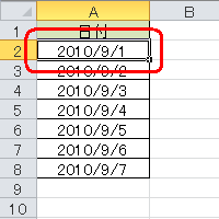 セルA2（「2010/9/1」と表示されているセル）をクリックします