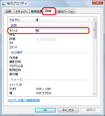 「詳細」タブをクリックし、「タイトル」の「値」欄をクリックして任意のタイトルを入力します