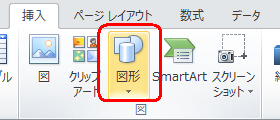 リボンから「挿入」タブをクリックし、「図」グループの「図形」をクリックします