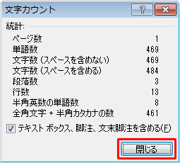 表示された文章の文字数を確認したら、「閉じる」をクリックします