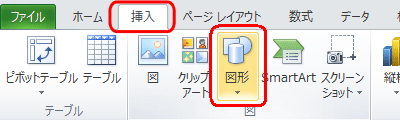 リボンから「挿入」タブをクリックし、「図」グループの「図形」をクリックします