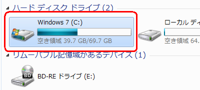 「ハードディスクドライブ」欄から、「Windows 7（C:）」をダブルクリックします