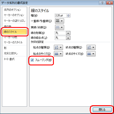 「線のスタイル」をクリックし、「スムージング」にチェックを入れて「閉じる」をクリックします
