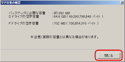 バックアップに必要な容量と保存先の空き容量が表示されるので、内容を確認し「閉じる」をクリックします