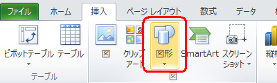 リボンから「挿入」タブをクリックし、「図」グループの「図形」をクリックします