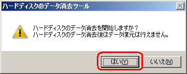 「ハードディスクのデータ消去を開始しますか？…」というメッセージが表示されたら、「はい」をクリックします