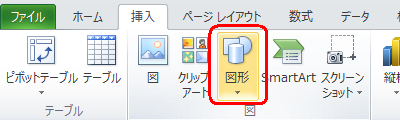 リボンから「挿入」タブをクリックし、「図」グループの「図形」をクリックします