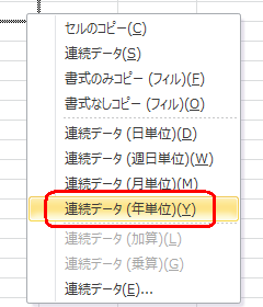 表示された一覧から「連続データ（年単位）」をクリックします