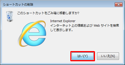 「このショートカットをごみ箱に…」というメッセージが表示されたら、「はい」をクリックします