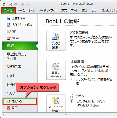 リボンから「ファイル」タブをクリックし、「オプション」をクリックします