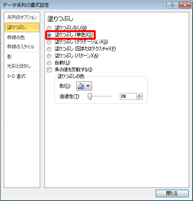 「塗りつぶし」をクリックして、「塗りつぶし（単色）」をクリックします