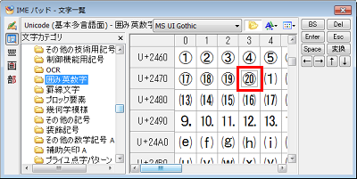 右側のボックスに、選択したカテゴリの文字一覧が表示されるので、任意の文字をクリックします