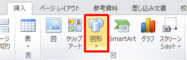リボンから「挿入」タブをクリックし、「図」グループの「図形」をクリックします