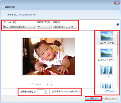 以下の各項目を必要に応じて設定し、「印刷」をクリックします