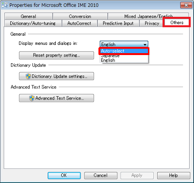 「Others」タブをクリックし、「Display menus and dialogs in:」ボックスから「Auto-select」をクリックします