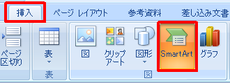 リボンから「挿入」タブをクリックして、「図」グループから「SmartArt」をクリックします