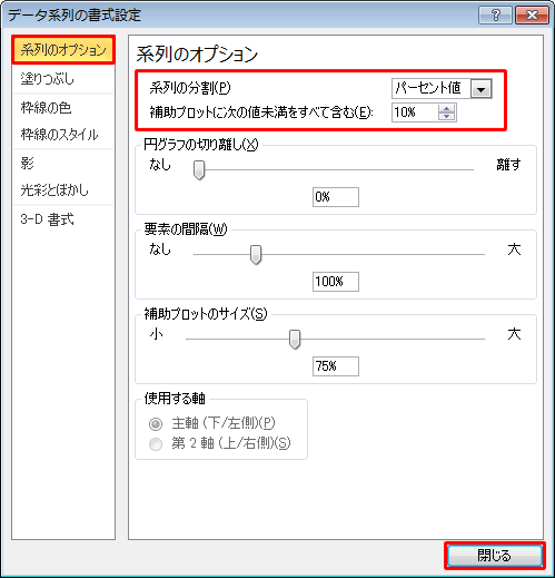 画面左側から「系列のオプション」をクリックし、「系列の分割」ボックスから任意の項目をクリック、その下のボックスに補助円グラフに表示する内容を指定して、「閉じる」をクリックします