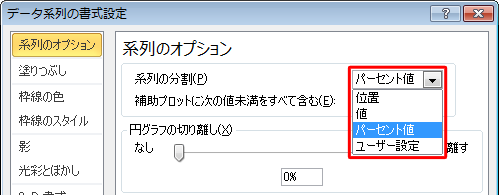 「系列の分割」ボックスでは、「パーセント値」以外に「位置」「値」「ユーザー設定」を選択できます